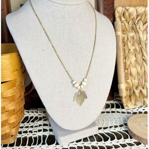 Golden Maple Leaf & Wooden Bead Pendant Necklace